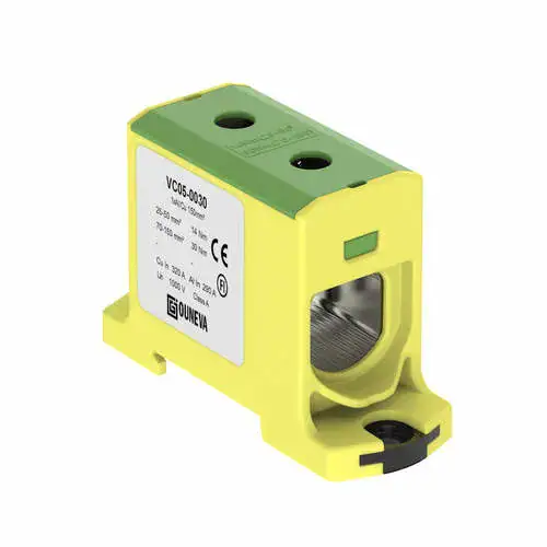 Overgangsklemme PE Al Cu 25-150mm 1-pol Y/G for aluminium- og kobberledere. Egnet for tavler og fordelinger.