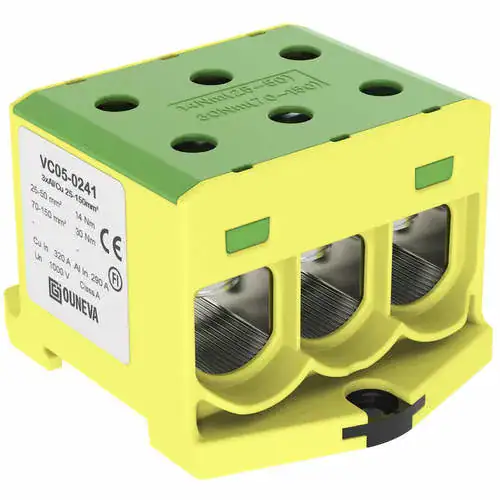 Overgangsklemme PE Al Cu 25-150mm 3-pol Y/G for aluminium- og kobberledere. Egnet for tavler og fordelinger.