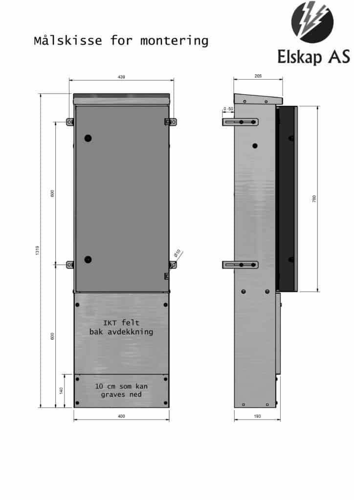 Målskisse for enkelt tilknytningsskap med monteringsmål iht NEK 399