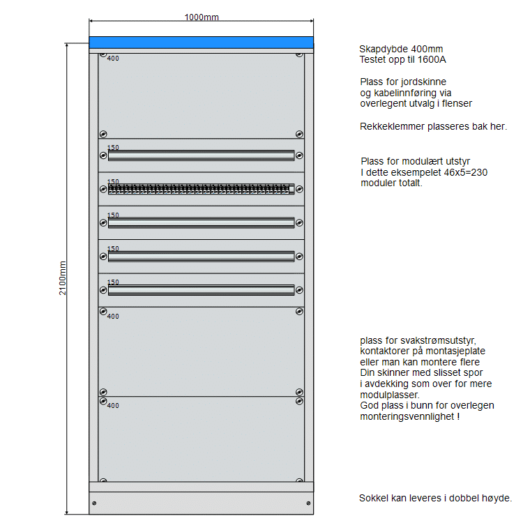 Underfordeling 1000 mm IT 230V med 5–10 rader – Elskap